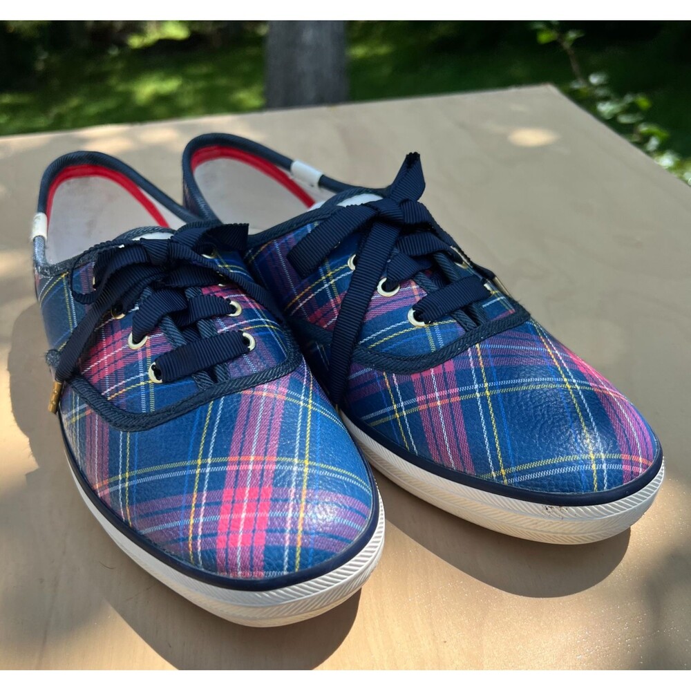Keds Faux Leather Sneaker Womens Size 7.5 Blue Plaid Lace Up